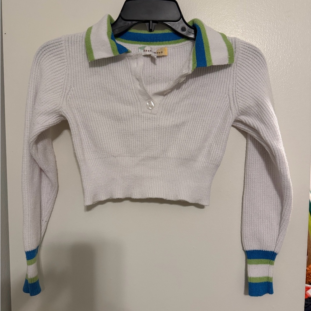 White Cropped Sweater with Green and Blue Stripes